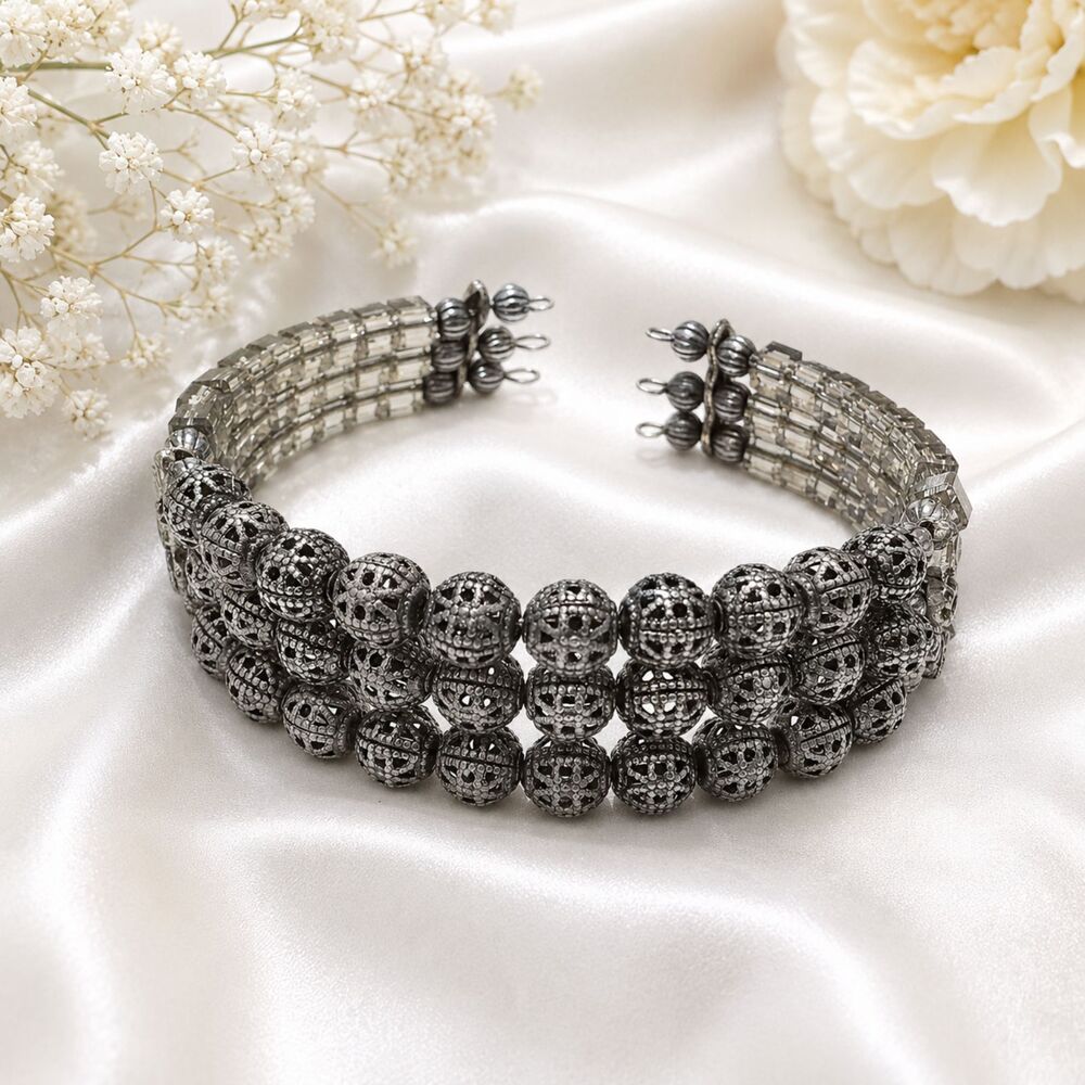 Filigree Silver Tone & Green Square Bead Adjustable Wired Cuff Bracelet